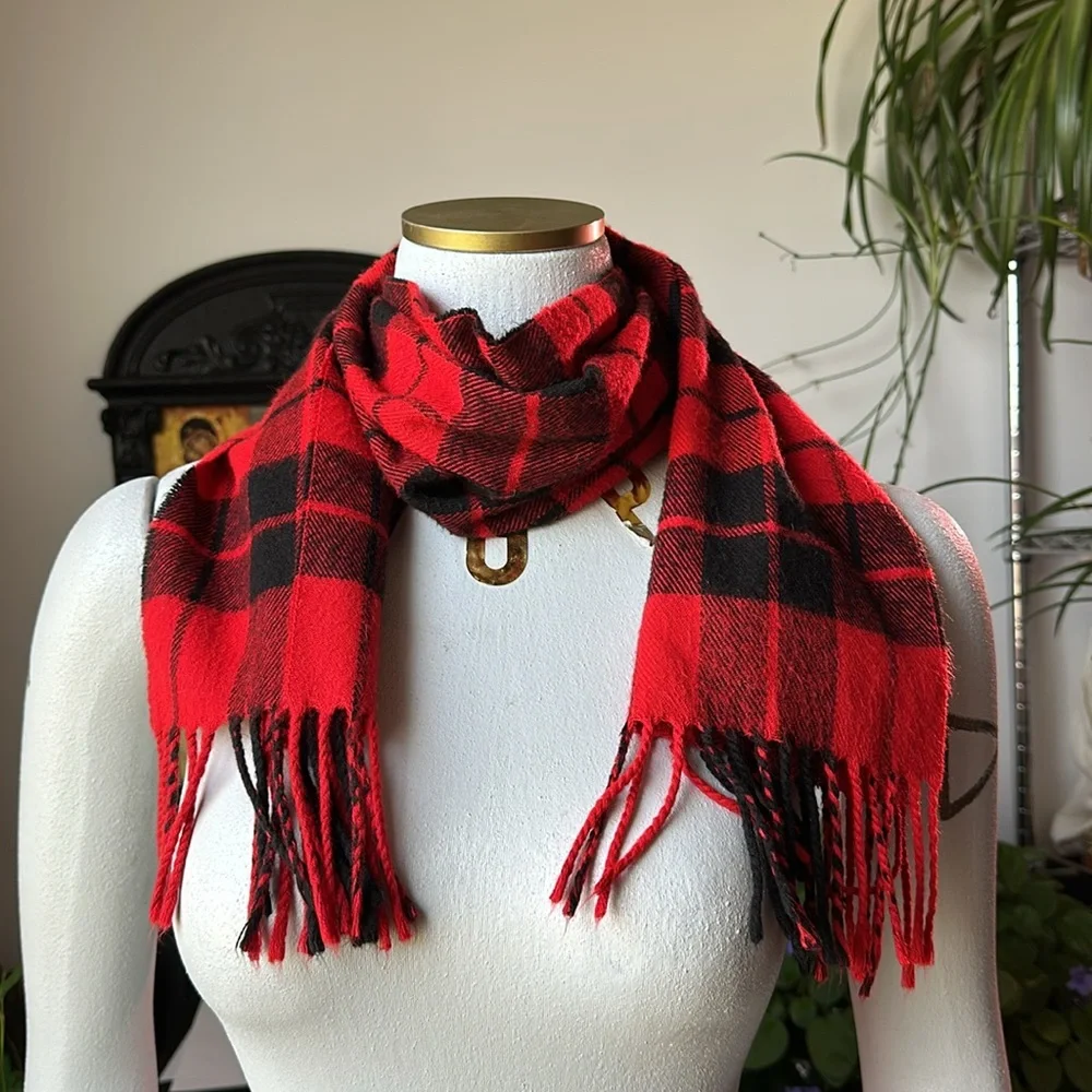 DIOR Vintage Plaid Tasseled Soft Scarf, Unisex, Red & Black